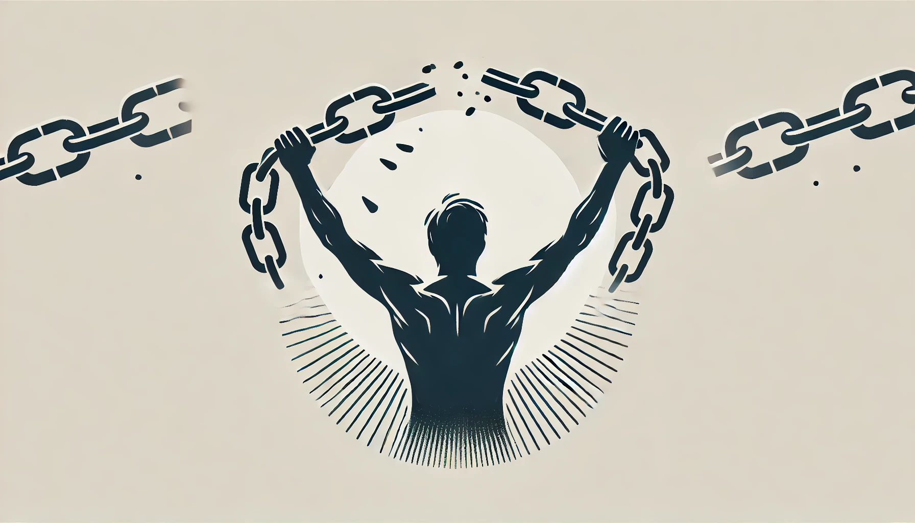 DALL·E 2024 09 20 15.49.28 A simple clean design showing a man breaking chains symbolizing freedom and breaking free from destructive habits. The scene is minimalist focusing