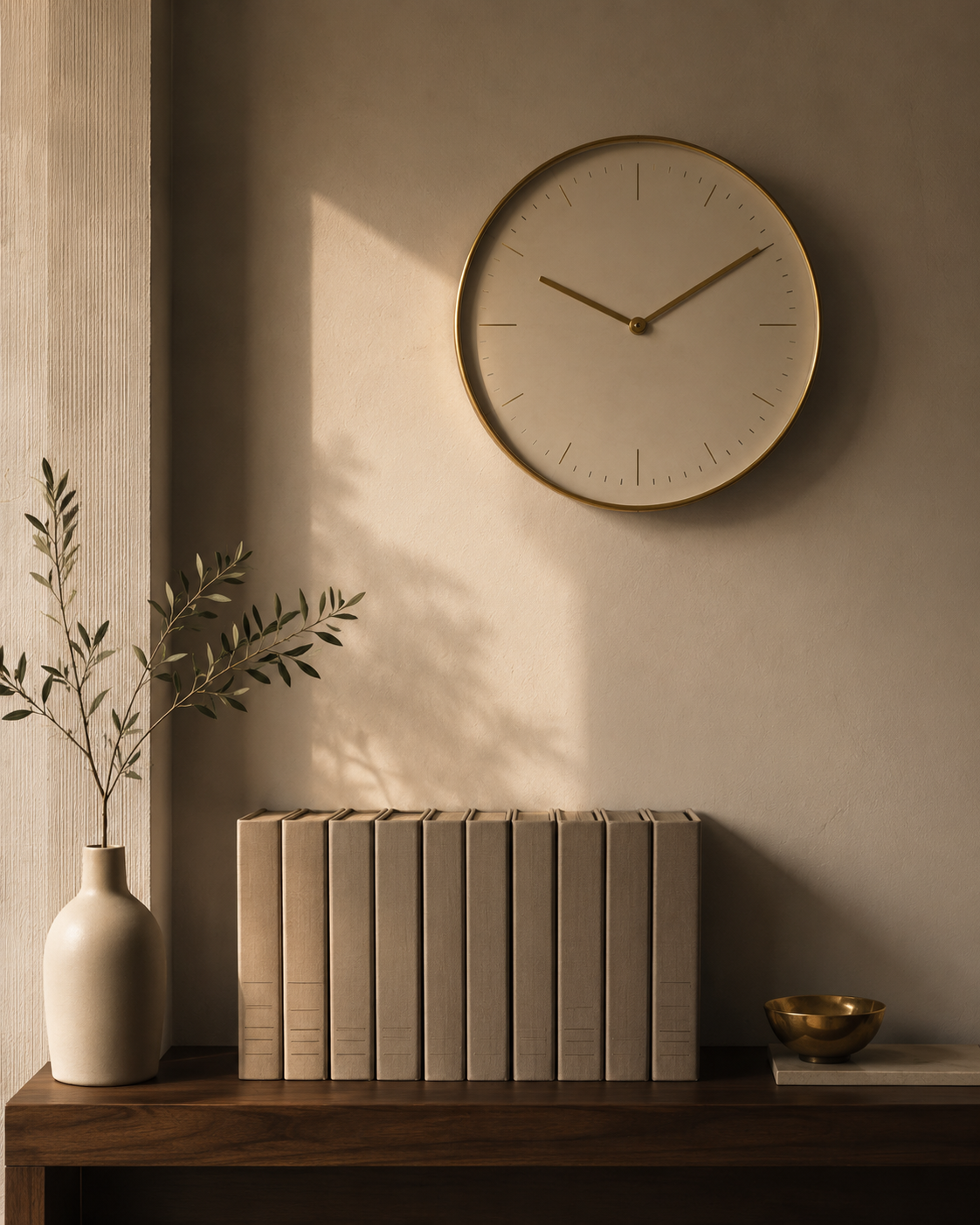 Fractional COO 1 A brass wall clock above an ordered row of ledgers — steady operating rhythm and ongoing governance.